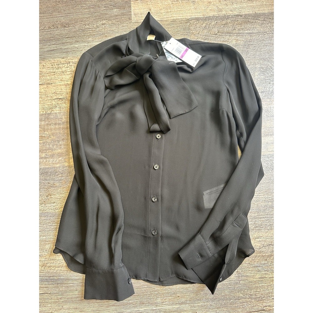 Michael Kors Tie Neck Washed Silk Chiffon Top Shear Button Up XXS